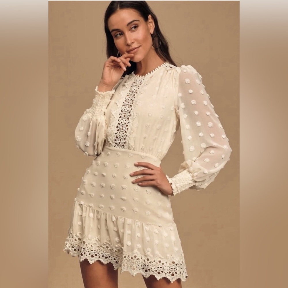 Lulus Lust or Love Cream Embroidered Lace Long Sleeve mini Dress